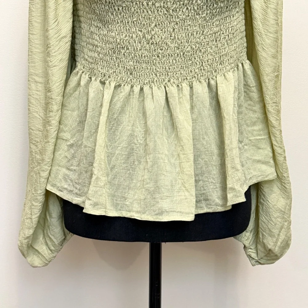 Newbury Kustom Green Smocked Peplum Top Lantern Sleeve‎ Boho Babydoll Womens Lg